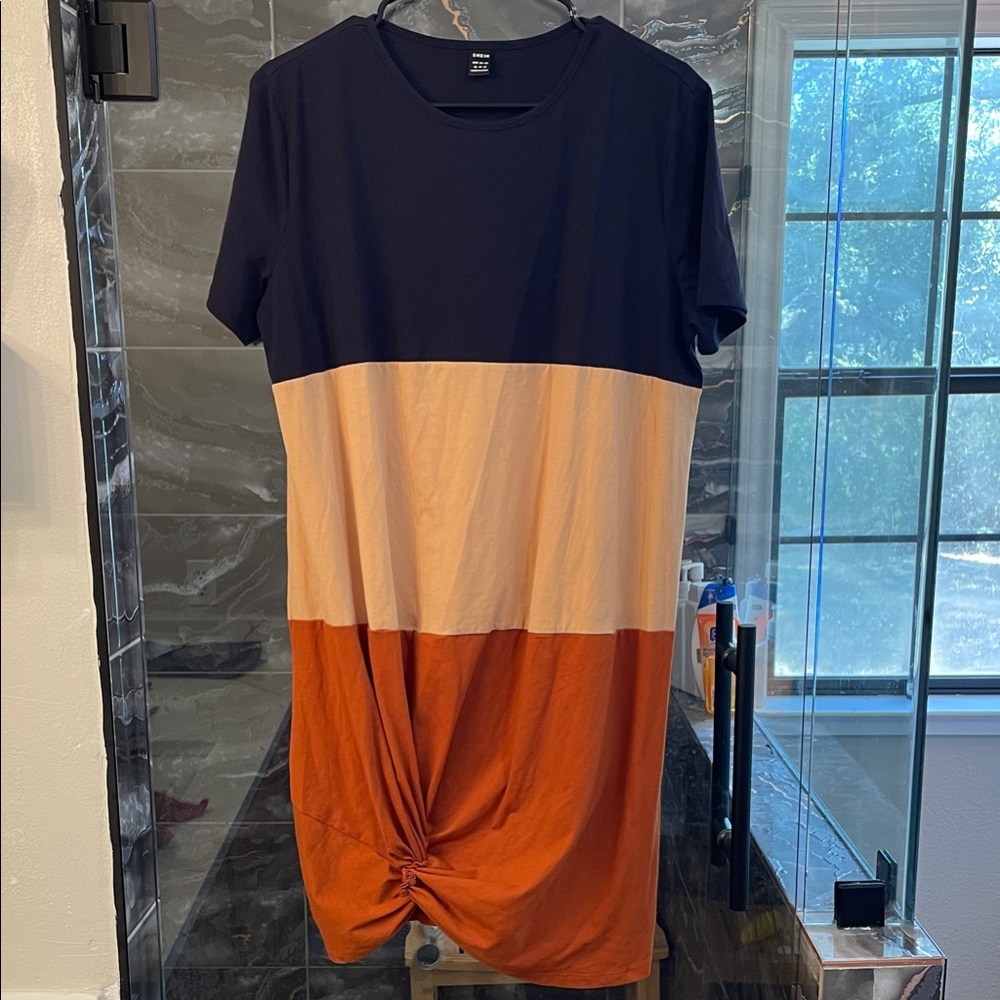 Colorblock T-Shirt Dress in Navy, Cream, and Orange